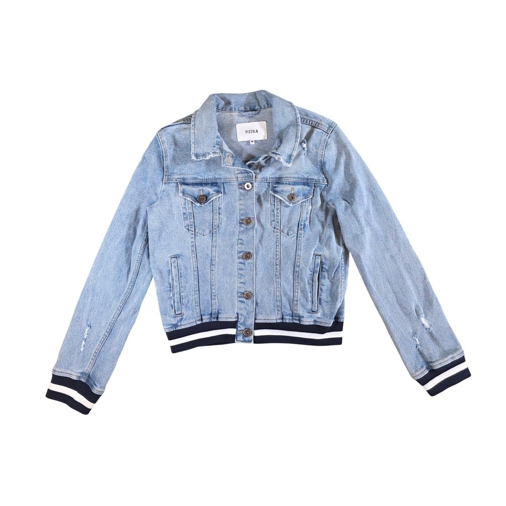Pistola Denim Light Wash Distressed Varsity Striped Jean Jacket P5659EKC-HFC M